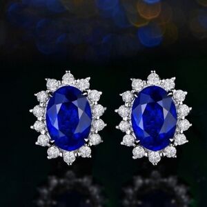 Blue Oval Shape Lab Sapphire Stud Earrings for Women
